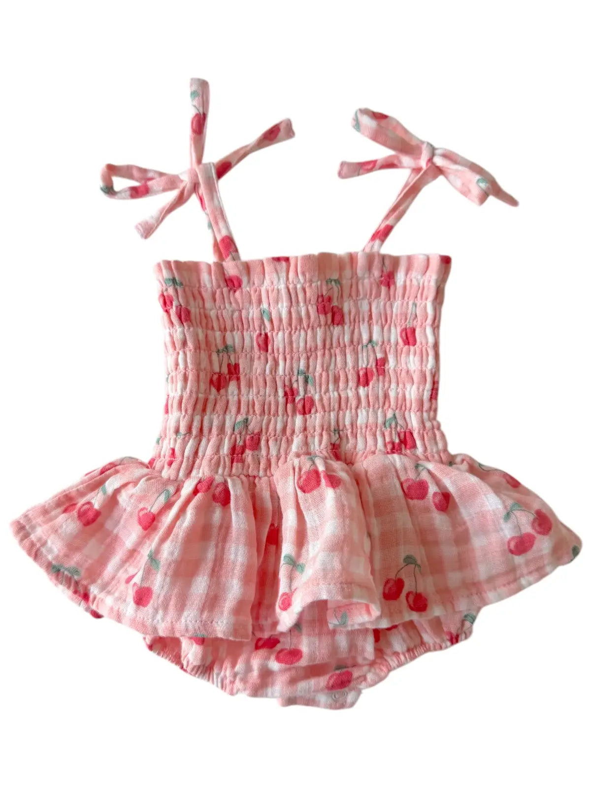 Gingham Cherries Muslin Smocked Bubble w/ Skirt