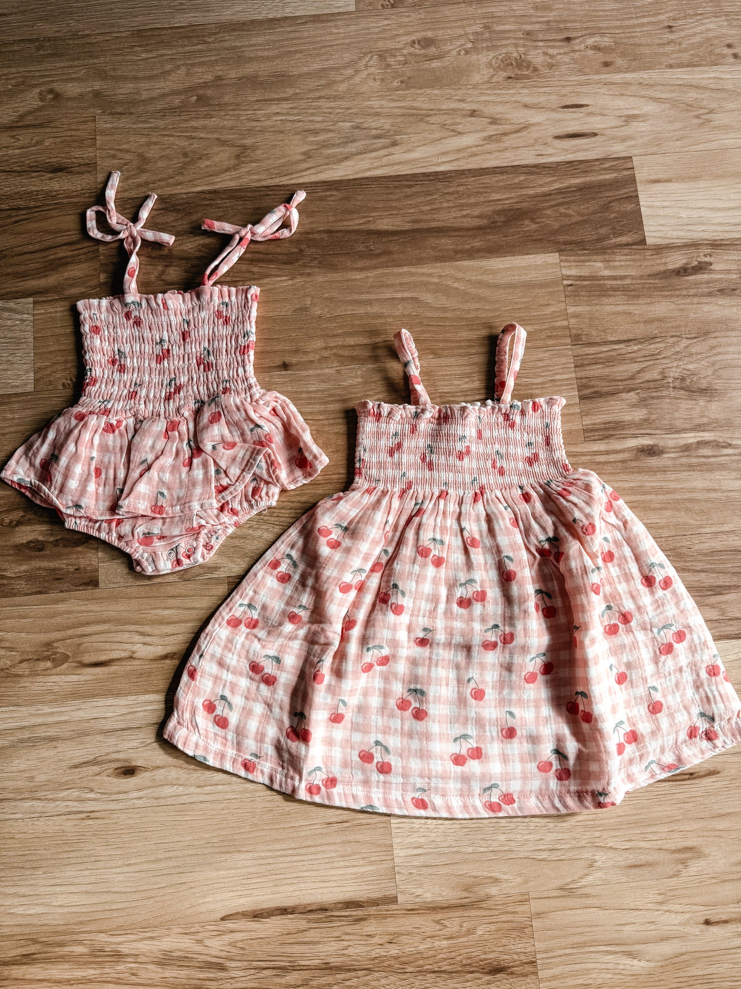 Gingham Cherries Muslin Smocked Bubble w/ Skirt