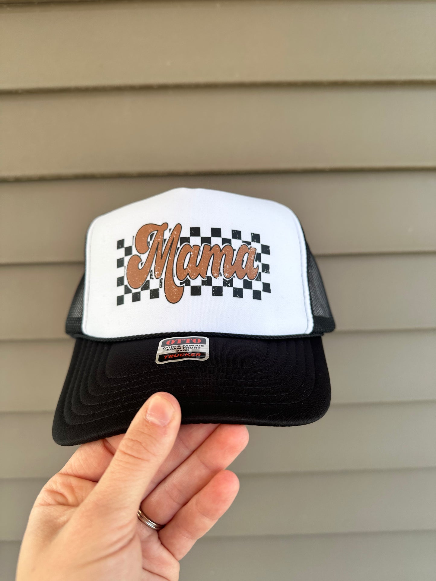 Brown MAMA Checkered Trucker Hat