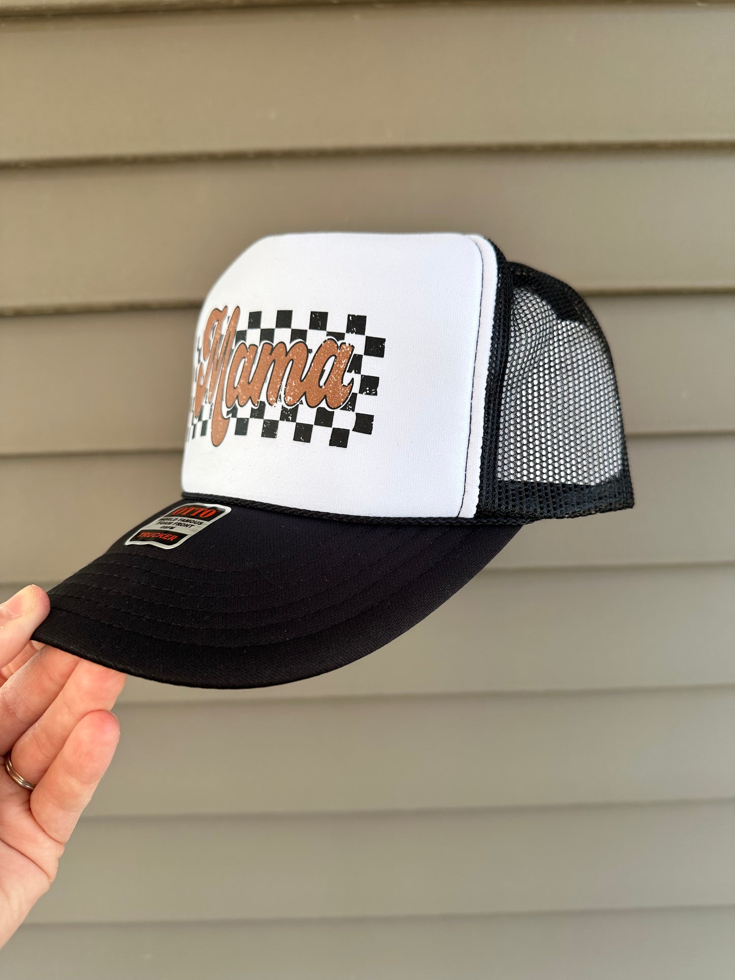 Brown MAMA Checkered Trucker Hat