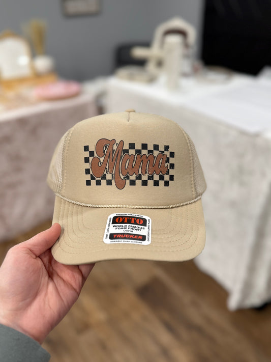 Tan Mama Checkered Trucker Hat
